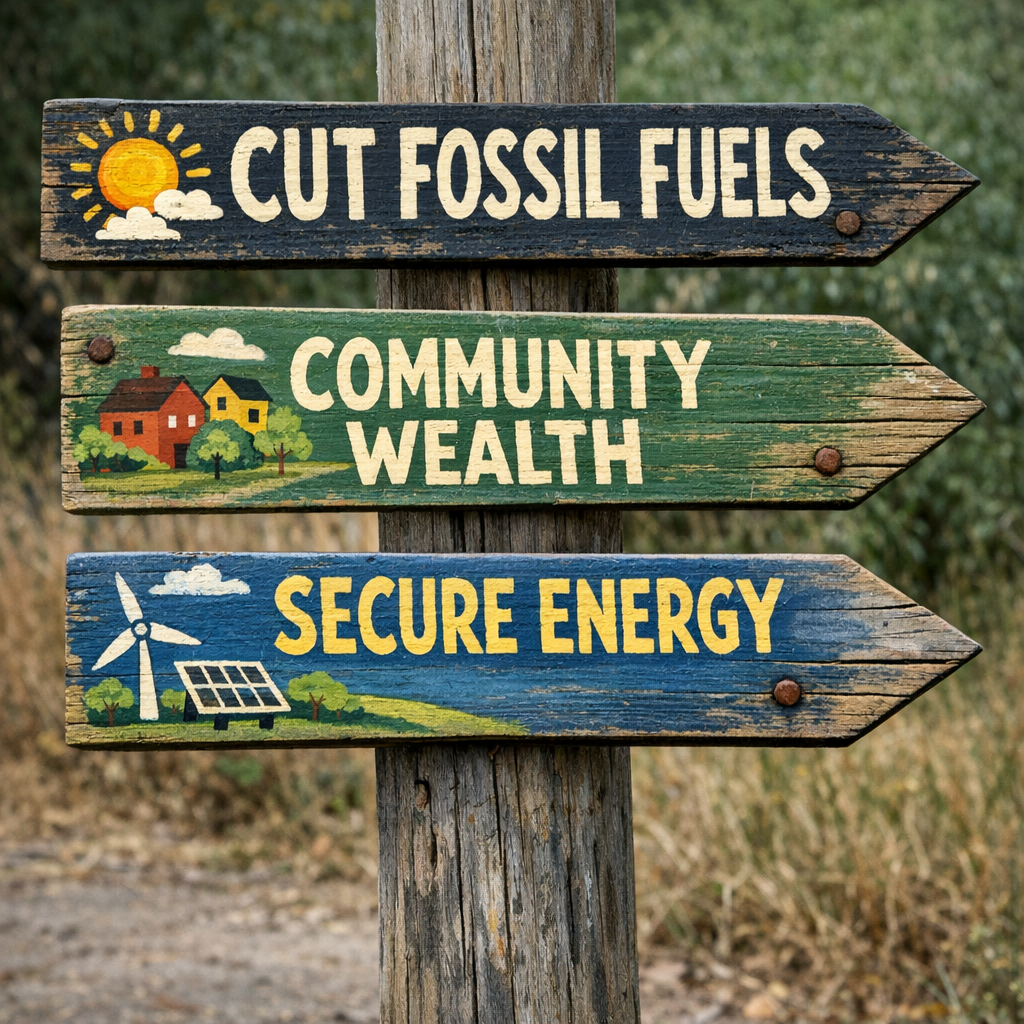 photographic A photo of a painted fingerboard style sign with three signs saying cut fossil fuels community wealth and secure energy-1